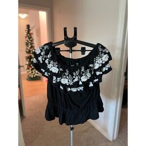 Lauren Ralph Lauren Black Label Off Shoulder Black & White Floral Top Women’s XL